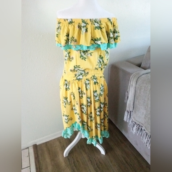MATILDA JANE Gold & Aqua Floral Ruffled Off Shoulder Dress | L - Picture 7 of 8